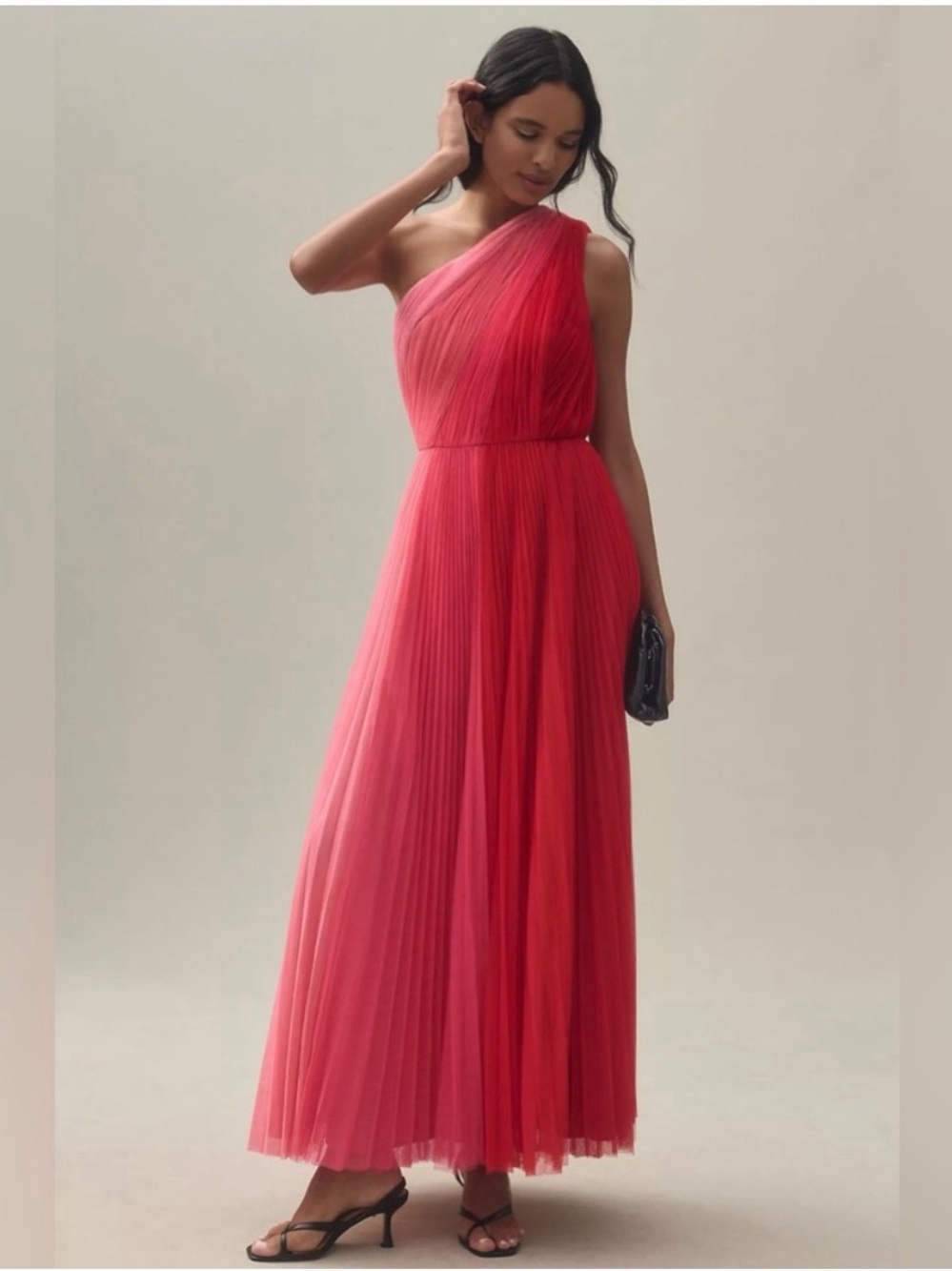 Anthropologie Hutch One-Shoulder Coral Pink Red Pleated Maxi Gown size 6